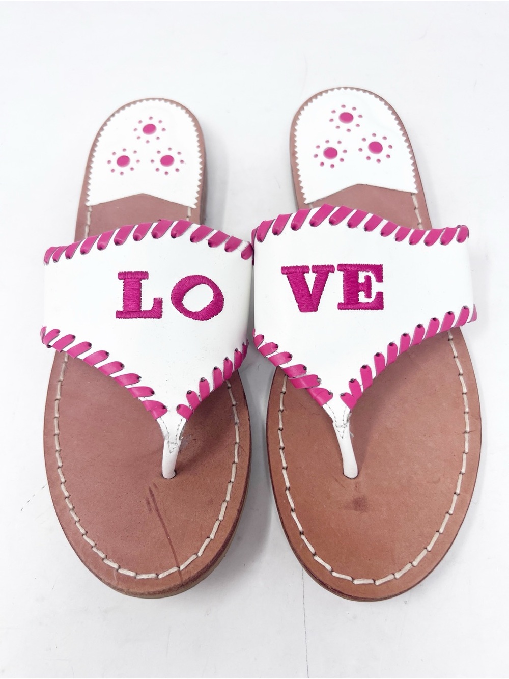 JACK ROGERS WHITE LEATHER THONG SANDALS RED EMBROIDERED LOVE SZ 7